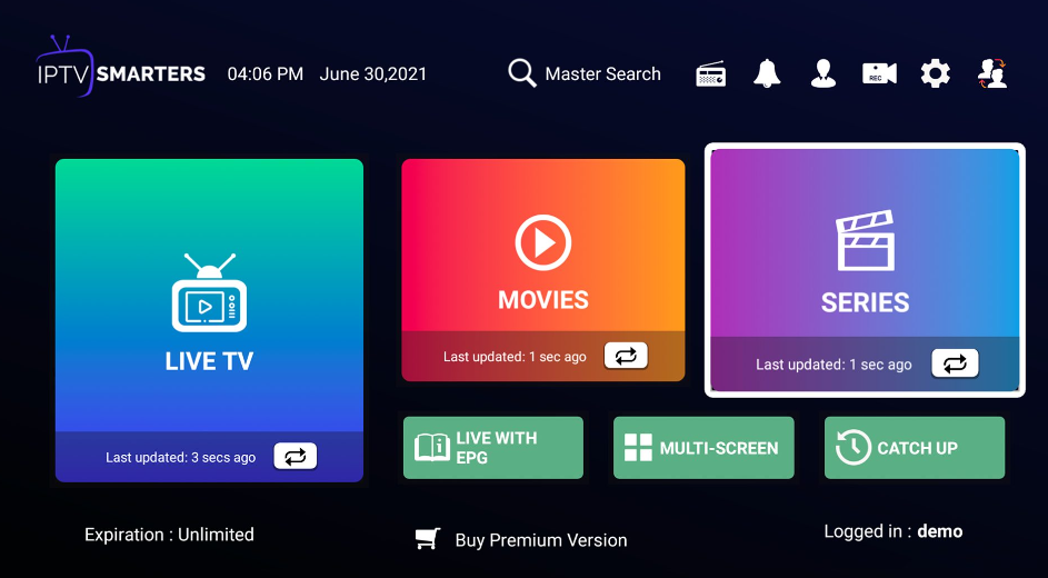 Interfaz de IPTV Smarters recomendada por iptvespaña como opción para mejor IPTV España