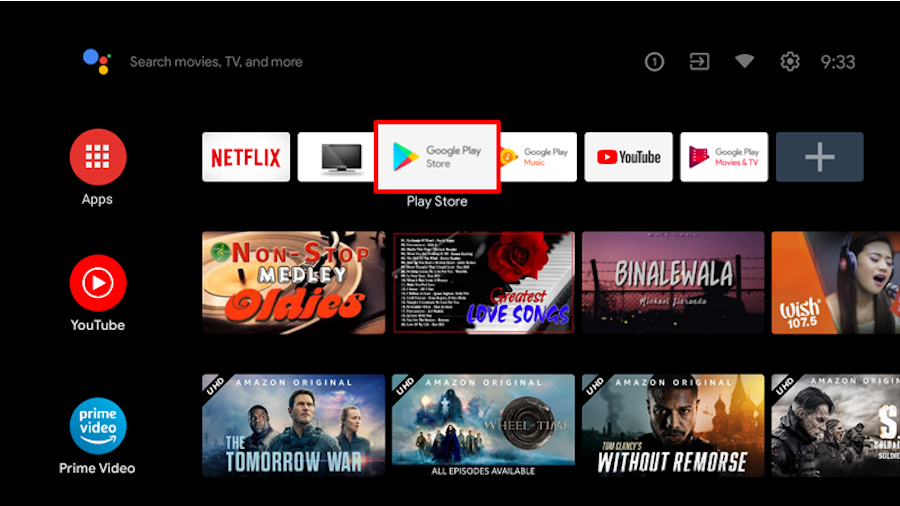 Interfaz de Android TV mostrando Google Play Store para configurar Smart One IPTV con iptvespaña4k